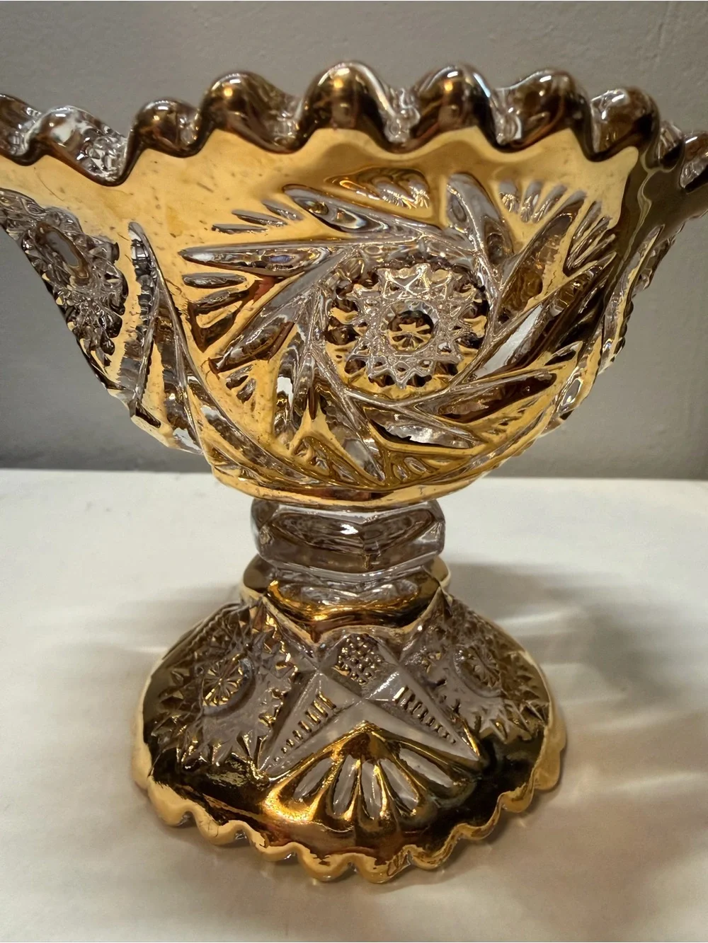 Vintage Imperial Glass Hand Painted Gold Pedestal Compote Candy Dish